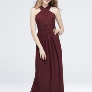 David's Bridal Crossover Halter Chiffon Bridesmaid Dress in Wine (Discontinued)